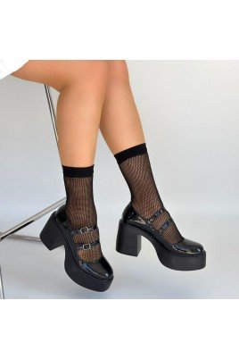 Kadın Dolgu Topuklu Platform Ayakkabı Siyah Rugan Rahat Taban Günlük