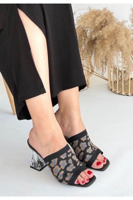 Kadın Topuklu Terlik Leopar Triko Şık Ev & Dış Mekan Günlük