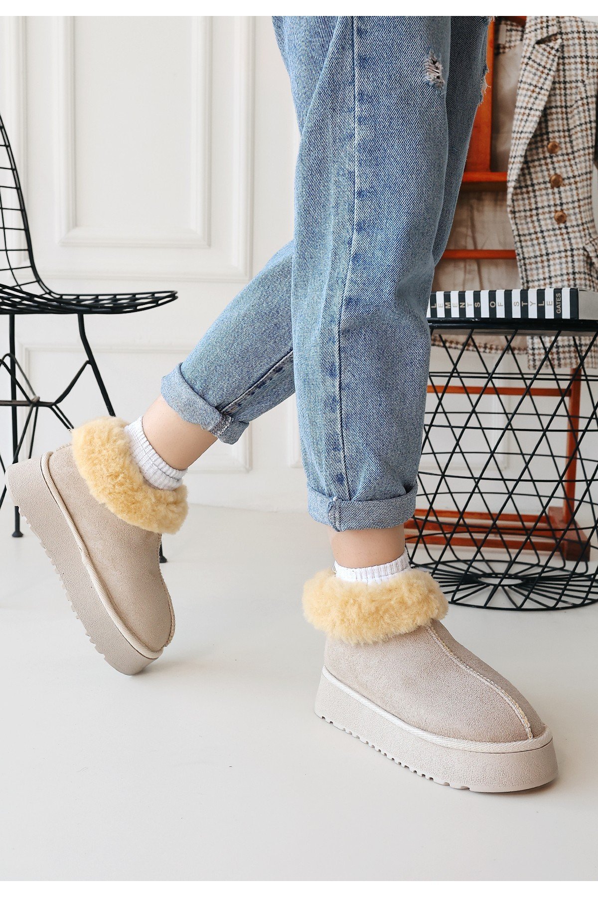 Kadın Bot Bej Süet Kısa Bot Rahat Taban Günlük Kullanım
