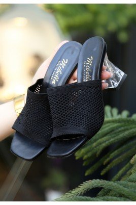 Kadın Topuklu Terlik Siyah Triko Şık Ev & Dış Mekan Günlük