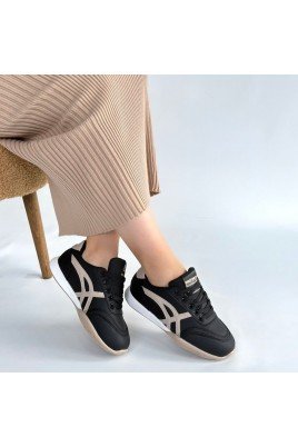 Kadın Sneaker Siyah Cilt Bağcıklı Günlük Spor Ayakkabı