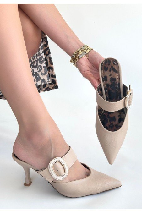 Kadın Topuklu Terlik Bej Cilt Şık Ev & Dış Mekan Günlük