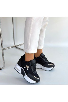 Kadın Sneaker Siyah Cilt Bağcıklı Günlük Spor Ayakkabı Simli