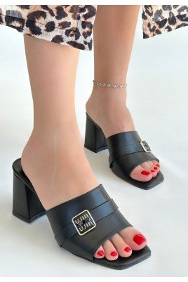 Kadın Topuklu Terlik Siyah Cilt Şık Ev & Dış Mekan Günlük