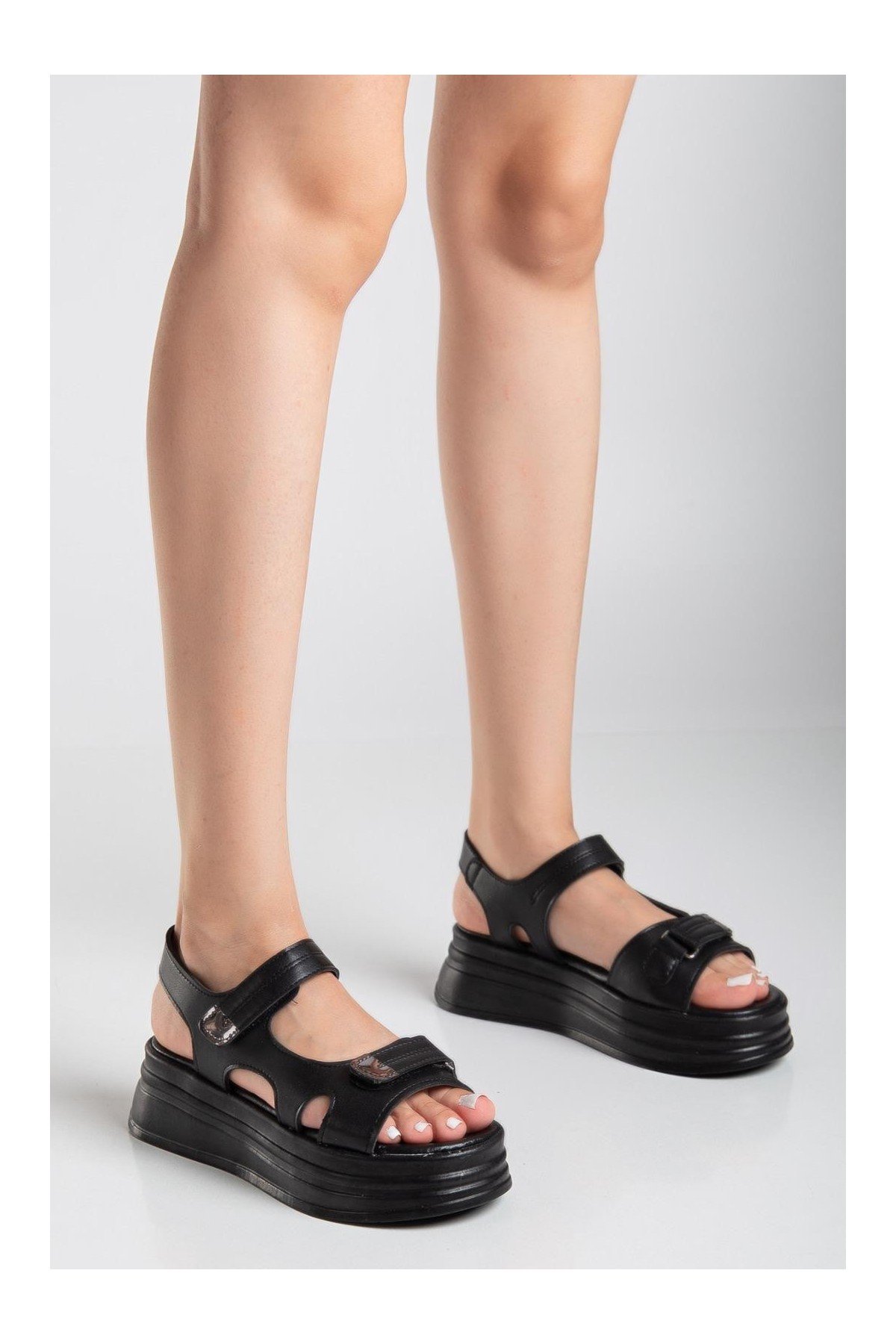 Kadın Sandalet Siyah Cilt Cırt Cırtlı Yazlık Günlük Rahat Taban Kadın Sandalet Siyah Cilt Cırt Cırtlı Yazlık Günlük Rahat Taban