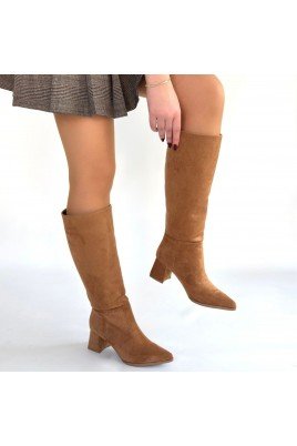 Kadın Topuklu Çizme Taba Süet Uzun Çizme Şık Kış