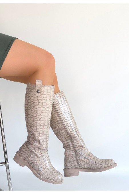 Kadın Çizme Bej Cilt Uzun Diz Altı Günlük Kış Sezonu