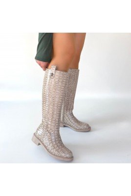 Kadın Çizme Bej Cilt Uzun Diz Altı Günlük Kış Sezonu