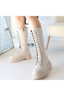 Kadın Çizme Bej Cilt Uzun Diz Altı Günlük Kış Sezonu