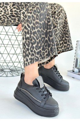 Leope Siyah Cilt Bağcıklı Spor Ayakkabı