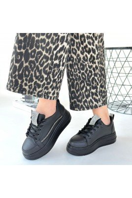 Kadın Sneaker Siyah Cilt Bağcıklı Günlük Spor Ayakkabı