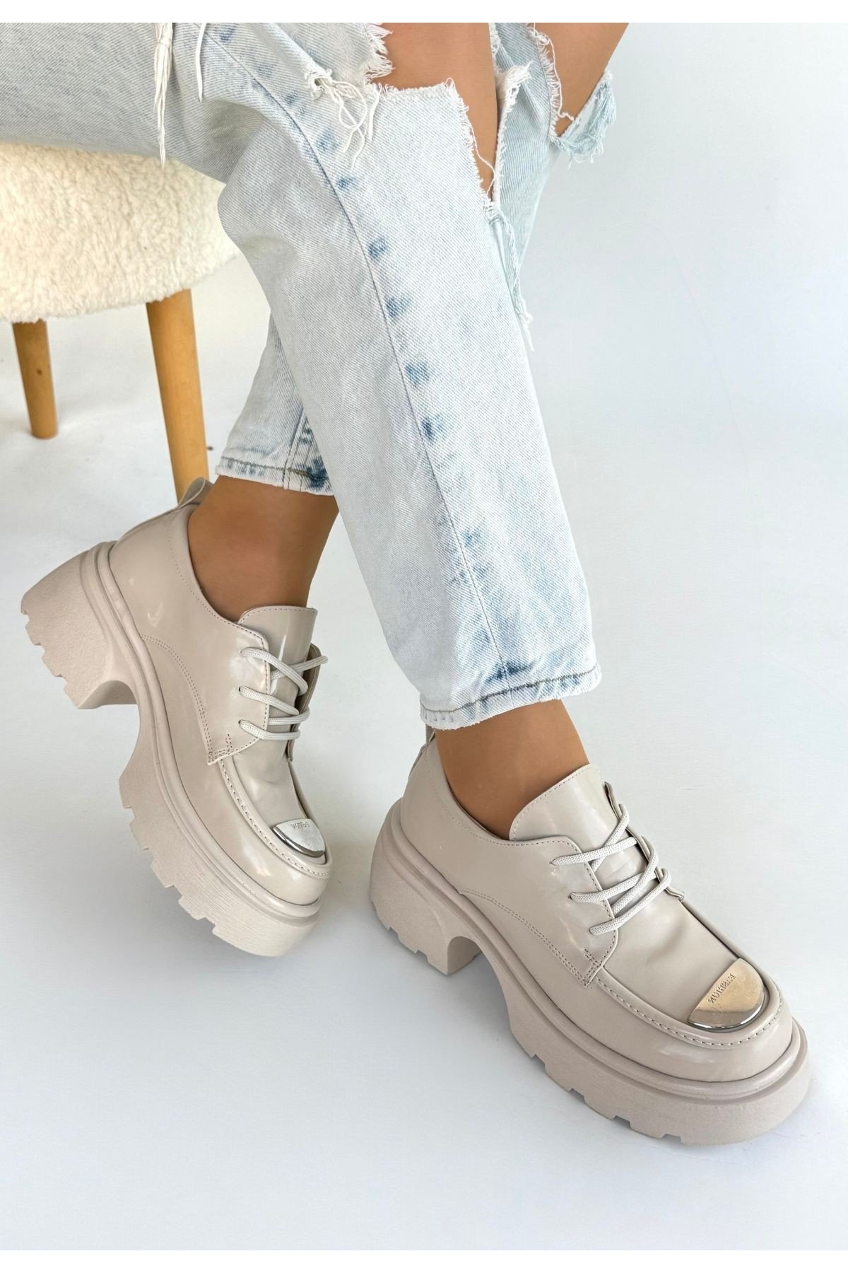Kadın Dolgu Topuklu Platform Ayakkabı Bej Rugan Rahat Taban Günlük