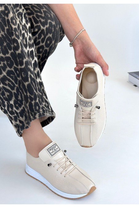Kadın Sneaker Bej Cilt Bağcıklı Günlük Spor Ayakkabı