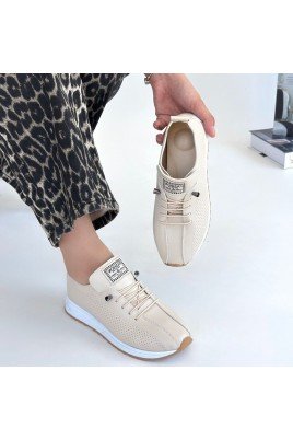 Kadın Sneaker Bej Cilt Bağcıklı Günlük Spor Ayakkabı