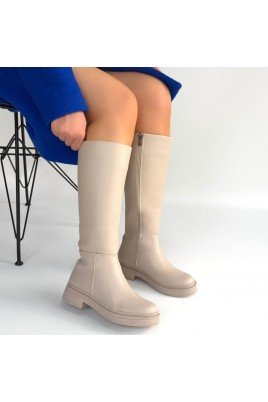 Kadın Çizme Bej Cilt Uzun Diz Altı Günlük Kış Sezonu
