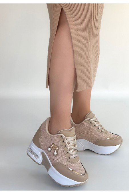Kadın Sneaker Bej Cilt Bağcıklı Günlük Spor Ayakkabı Simli