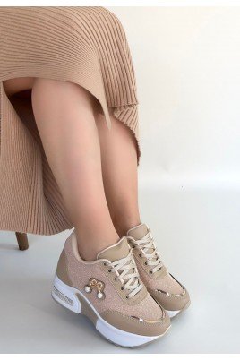 Kadın Sneaker Bej Cilt Bağcıklı Günlük Spor Ayakkabı Simli