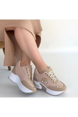 Kadın Sneaker Bej Cilt Bağcıklı Günlük Spor Ayakkabı Simli