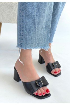 Kadın Topuklu Terlik Siyah Cilt Şık Ev & Dış Mekan Günlük