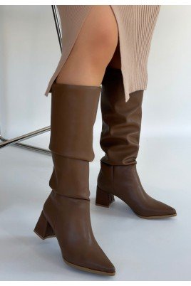 Kadın Topuklu Çizme Vizon Cilt Uzun Çizme Şık Kış