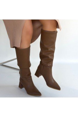 Kadın Topuklu Çizme Vizon Cilt Uzun Çizme Şık Kış