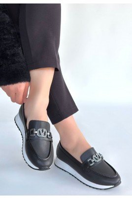 Kadın Babet Ayakkabı Siyah Cilt Rahat Düz Taban Günlük