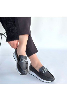Kadın Babet Ayakkabı Siyah Cilt Rahat Düz Taban Günlük