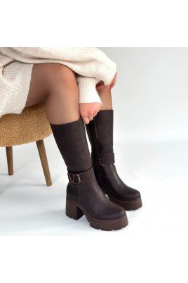 Kadın Topuklu Çizme Kahverengi Nubuk Uzun Çizme Şık Kış