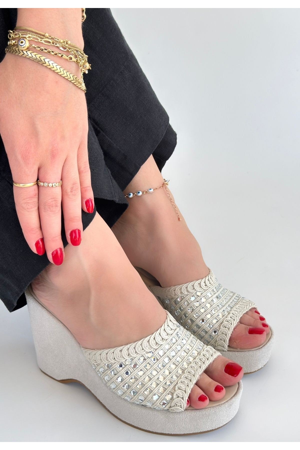 Kadın Dolgu Topuklu Terlik Bej Triko Platform Yazlık Rahat