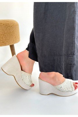 Kadın Dolgu Topuklu Terlik Bej Triko Platform Yazlık Rahat