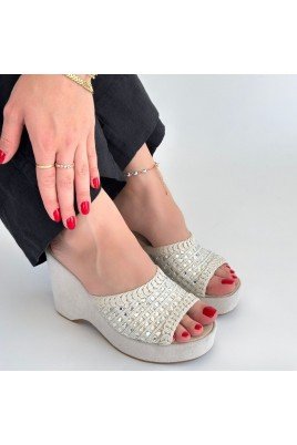 Kadın Dolgu Topuklu Terlik Bej Triko Platform Yazlık Rahat