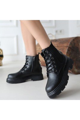Kadın Bağcıklı Bot Siyah Cilt Postal Tarz Günlük & Kışlık