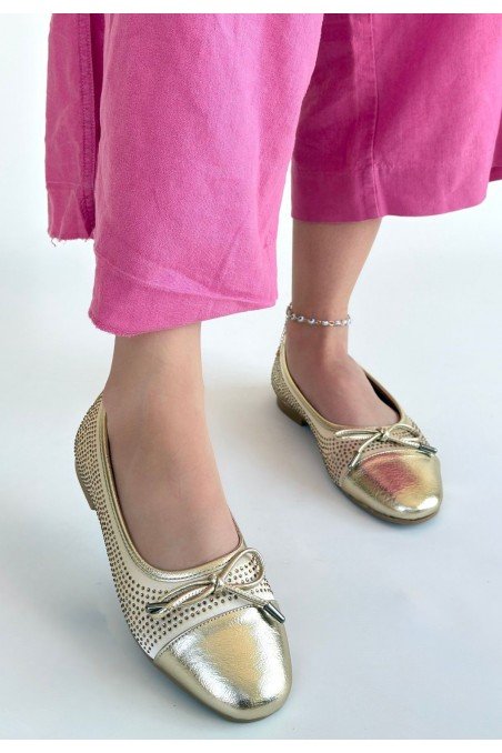 Kadın Babet Ayakkabı Gold Cilt Rahat Düz Taban Günlük