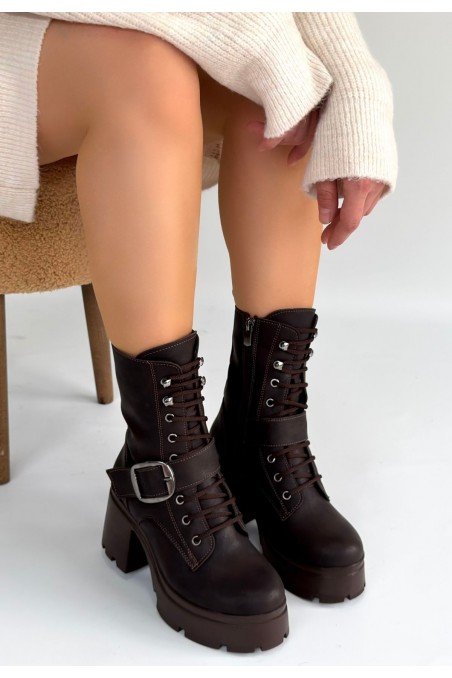 Linma Acı Kahve Cilt Bağcıklı Topuklu Bot