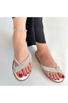 Kadın Terlik Gümüş Cilt Boncuk İşlemeli Günlük Yazlık Rahat