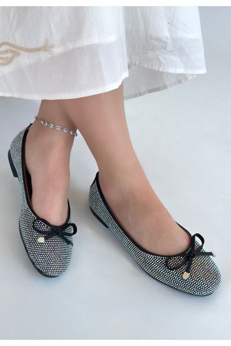 Kadın Babet Ayakkabı Siyah Saten İşlemeli Rahat Düz Taban Günlük