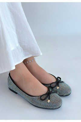 Kadın Babet Ayakkabı Siyah Saten İşlemeli Rahat Düz Taban Günlük
