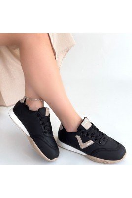 Kadın Sneaker Siyah Cilt Bağcıklı Günlük Spor Ayakkabı