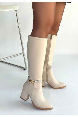 Kadın Topuklu Çizme Bej Cilt Uzun Çizme Şık Kış
