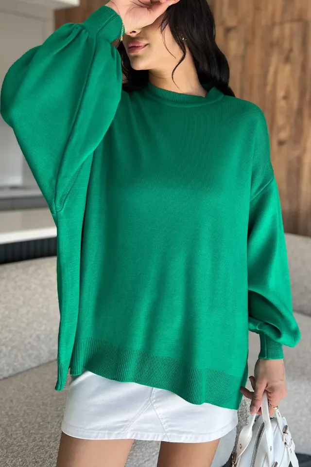 Kadın Oversize Balon Kol Triko Kazak Yeşil TZL-P-035426 - Kadın Giyim > Triko Kazak